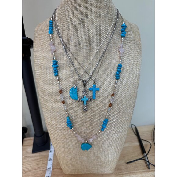 Layered Turquoise Look & Silver Tone Necklace Set With Cross & Bear Pendants - Picture 5 of 10
